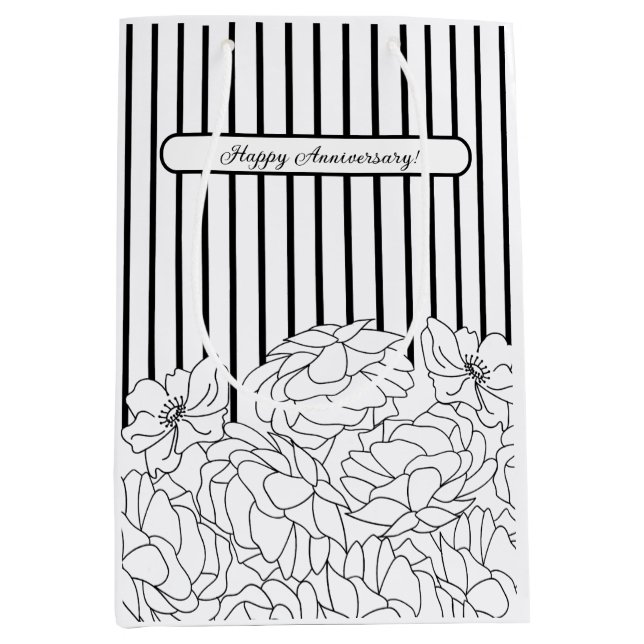 Schwarz-Weiß-Blume mit Streifen Mittlere Geschenktüte (Vorderseite)