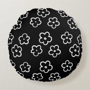 Schwarz-Weiß-Blume Rundes Kissen