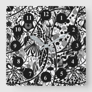 Schwarz-Weiß-Blume und Blätter - Zeichnend Kunst Quadratische Wanduhr