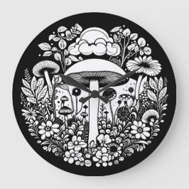 Schwarz-Weiß-Blume und Pilze Vintag Große Wanduhr