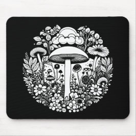 Schwarz-Weiß-Blume und Pilze Vintag Mousepad