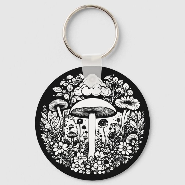 Schwarz-Weiß-Blume und Pilze Vintag Schlüsselanhänger (Vorderseite)