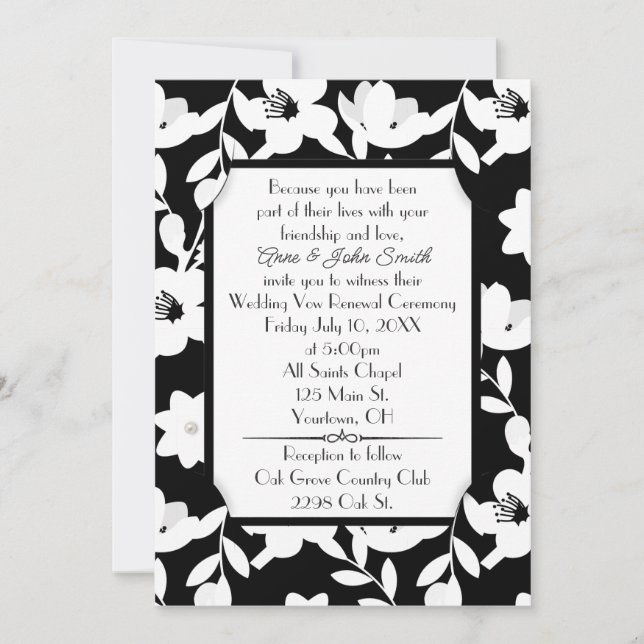 Schwarz-Weiß-Blume-Vow-Renewal-Hochzeit Einladung (Vorderseite)
