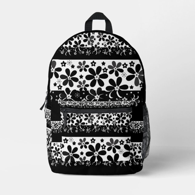 Schwarz-Weiß-Blumen Bedruckter Rucksack (Vorderseite)