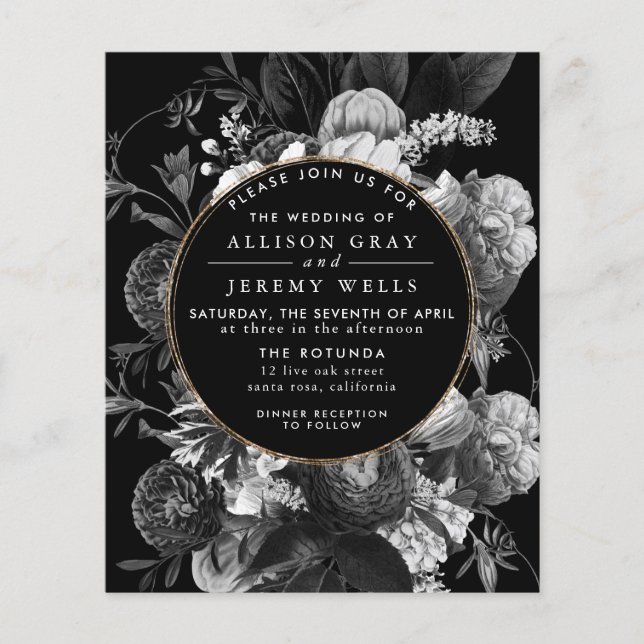 Schwarz-Weiß-Blumen-Hochzeitsempfang Flyer (Vorne)