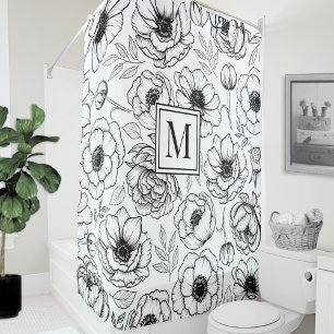 Schwarz Weiß Blumen Initiale Monogramm Duschvorhang