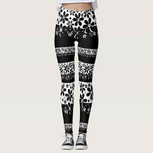 Schwarz-Weiß-Blumen Leggings (Vorderseite)