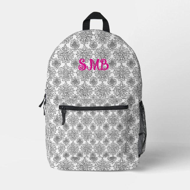 Schwarz-Weiß-Blumen-Linie Art Bedruckter Rucksack (Vorderseite)