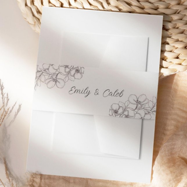 Schwarz-Weiß-Blumen-Linie Kunst Einladungsbanderole (black and white floral wedding invitation belly band)