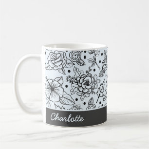 Schwarz-Weiß-Blumen-nahtloses Muster mit Namen Kaffeetasse