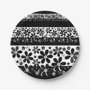 Schwarz-Weiß-Blumen Pappteller