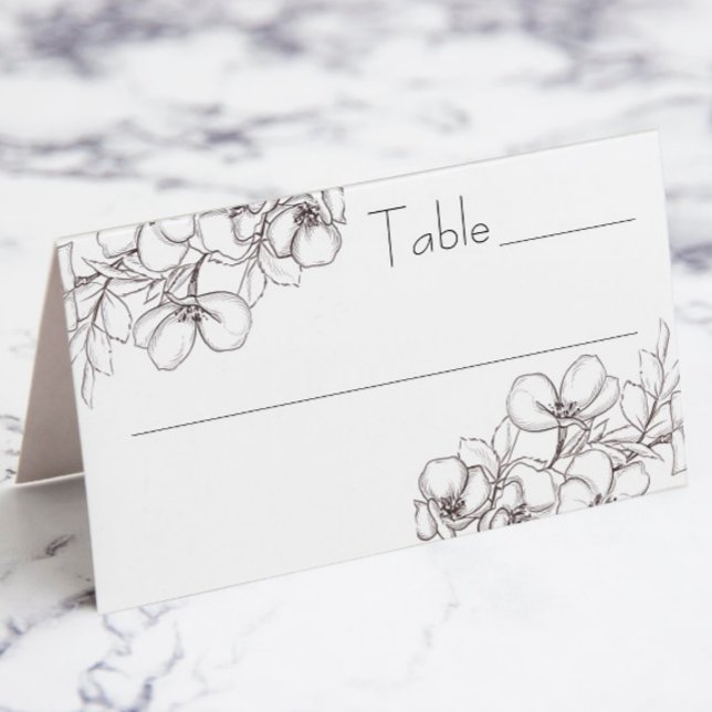 Schwarz-Weiß-Blumen-Platzkarte Platzkarte (wedding table escort placard with white and black floral line art)