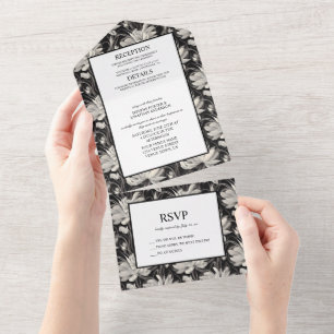 Schwarz-Weiß-Blumen und Federn Hochzeit All In One Einladung