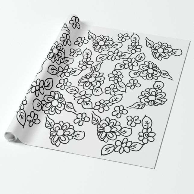 Schwarz-Weiß-Blumen-zeichn Geschenkpapier (Ungerollt)