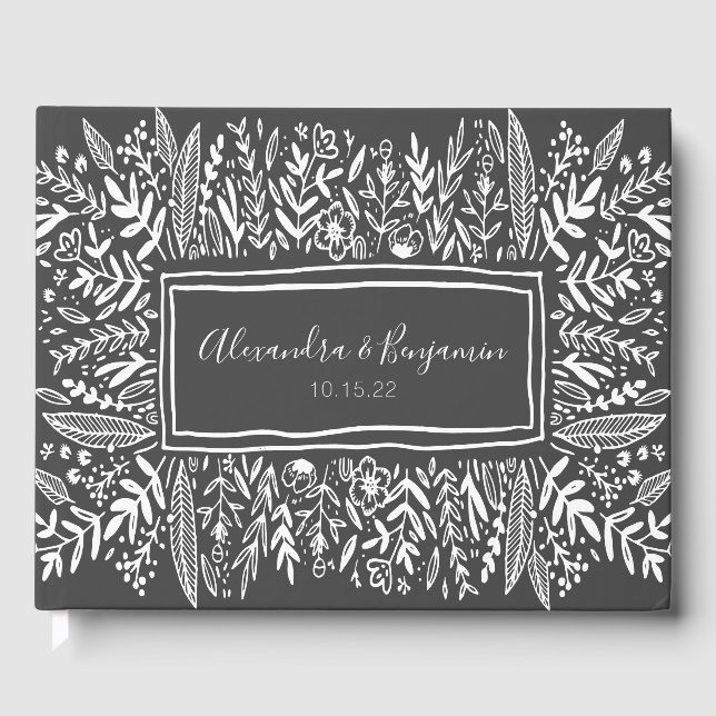 Schwarz-Weiß-Blumenart - Hochzeit Gästebuch (Vorderseite)