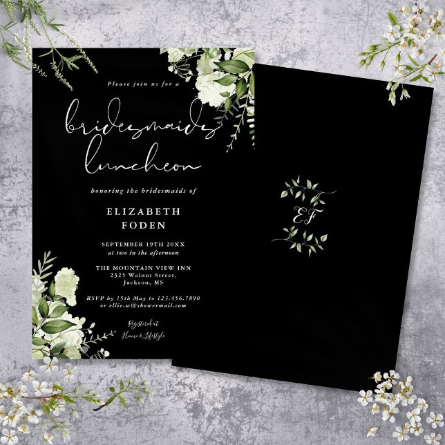 Schwarz-Weiß-Blumenbridmaier Luncheon Einladung (Black And White Floral Bridesmaids Luncheon Invitation)