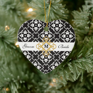 Schwarz-Weiß-BlumenDamast-Hochzeitssake Keramikornament