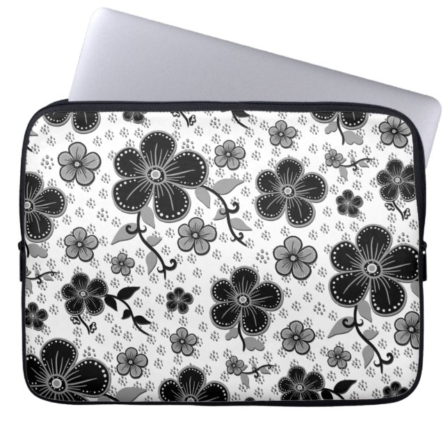 Schwarz-Weiß-Blumendruck Laptopschutzhülle (Vorderseite)