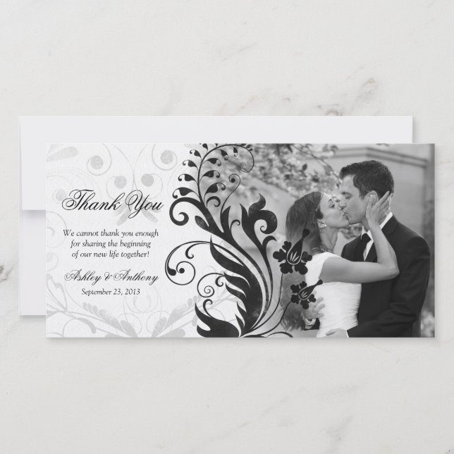 Schwarz-Weiß-Blumenhochzeit Danke Fotokarte (Vorderseite)