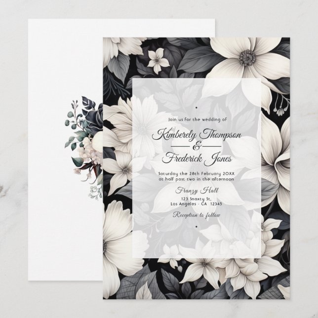Schwarz-Weiß-Blumenhochzeit Einladung (Vorne/Hinten)