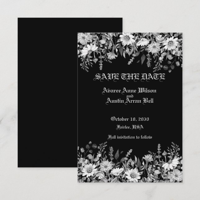 Schwarz-Weiß-Blumenhochzeit Save The Date (Vorne/Hinten)
