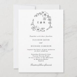 Schwarz-Weiß-Blumenkraut-Monogramm-Hochzeit Einladung