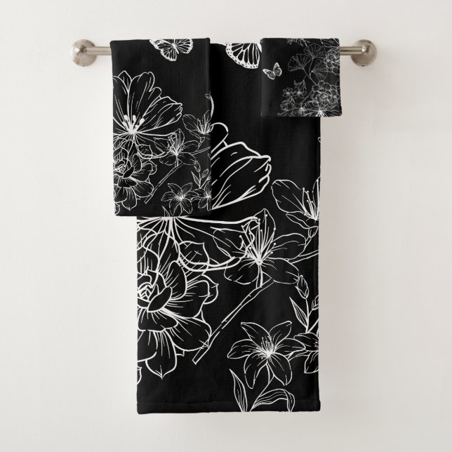 Schwarz-Weiß-Blumenmuster Minimalistisch Badhandtuch Set (Insitu)