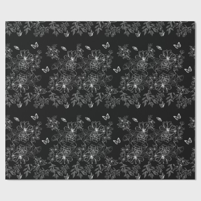 Schwarz-Weiß-Blumenmuster Minimalistisch Geschenkpapier (Flach)