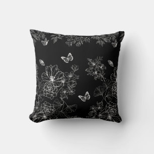 Schwarz-Weiß-Blumenmuster Minimalistisch Kissen