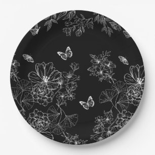 Schwarz-Weiß-Blumenmuster Minimalistisch Pappteller