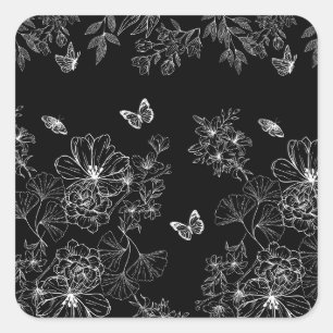 Schwarz-Weiß-Blumenmuster Minimalistisch Quadratischer Aufkleber