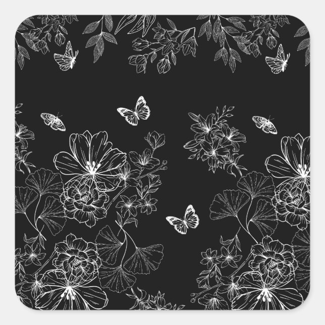 Schwarz-Weiß-Blumenmuster Minimalistisch Quadratischer Aufkleber (Vorderseite)