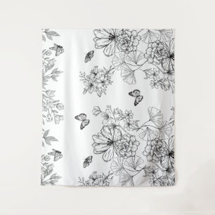 Schwarz-Weiß-Blumenmuster Minimalistisch Wandteppich