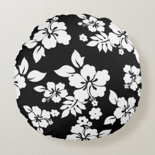 Schwarz-Weiß-Blumenmuster Rundes Kissen