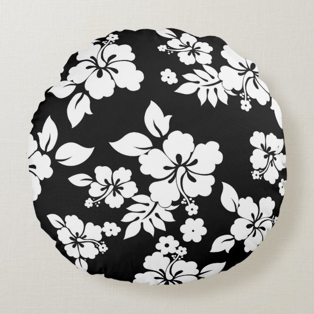 Schwarz-Weiß-Blumenmuster Rundes Kissen (Vorderseite)