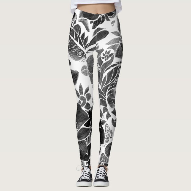 Schwarz-weiß blumenreich leggings (Vorderseite)