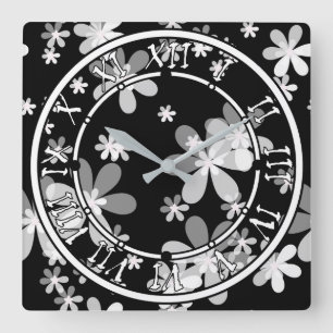 Schwarz-weiß blumenreich quadratische wanduhr