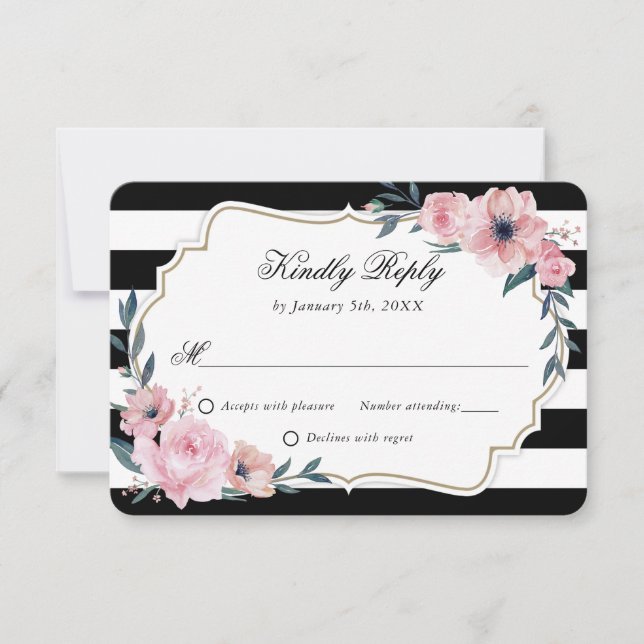Schwarz-weiß Blush Pink Wasserfarbe Blumenzehen RSVP Karte (Vorderseite)