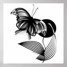 Schwarz-Weiß-Blüte mit Schmetterling Poster