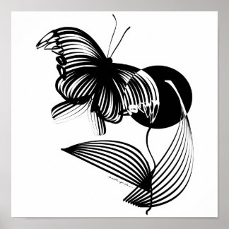 Schwarz-Weiß-Blüte mit Schmetterling Poster
