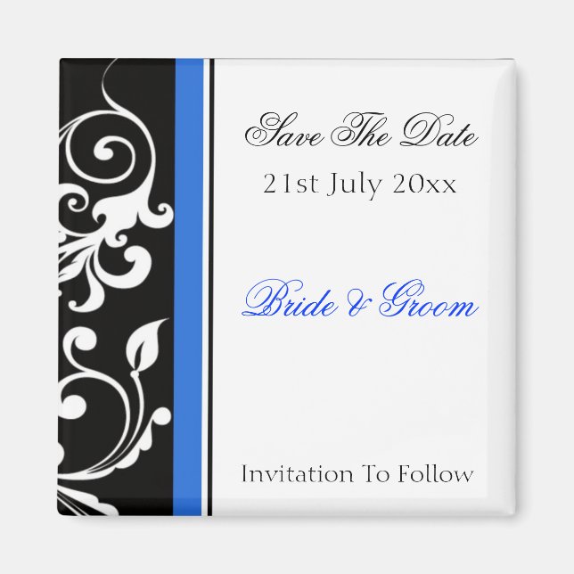 Schwarz-Weiß-Blüten Save the Date blau Magnet (Vorne)