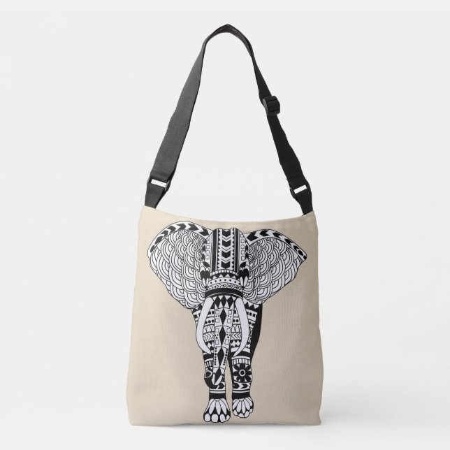 Schwarz-Weiß-Bohemische Tribal Elephant Taupe Tragetaschen Mit Langen Trägern (Vorderseite)