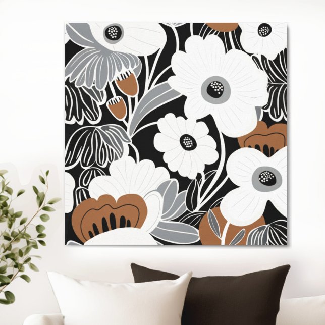 Schwarz-weiß Boho Floral Leinwanddruck (Transform your space with the timeless beauty of floral Boho Mid Century Modern canvas. )