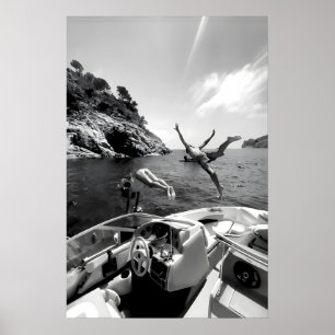 Schwarz-Weiß-Boot-Sprung-Foto, Sommer-Ozean-Wand Poster