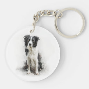 Schwarz-weiß Border Collie Aquarell-Kunst Schlüsselanhänger