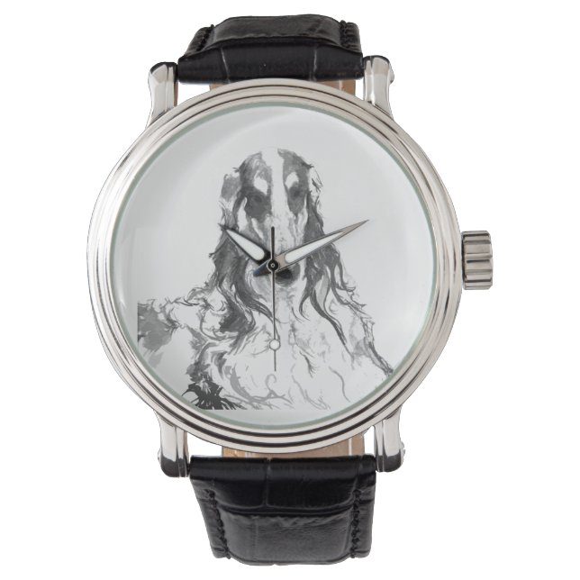 Schwarz-Weiß-Borzoi-Portrait Armbanduhr (Vorderseite)