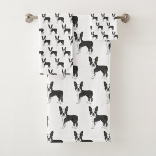 Schwarz-Weiß-Boston-Terrier-Cartoon-Hund-Muster Badhandtuch Set
