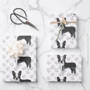Schwarz-Weiß-Boston-Terrier-Cartoon-Hund-Muster Geschenkpapier Set