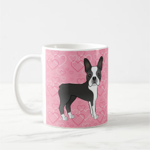 Schwarz-Weiß-Boston-Terrier-Hund auf rosa Herzen Kaffeetasse