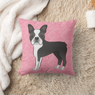 Schwarz-Weiß-Boston-Terrier-Hund auf rosa Herzen Kissen